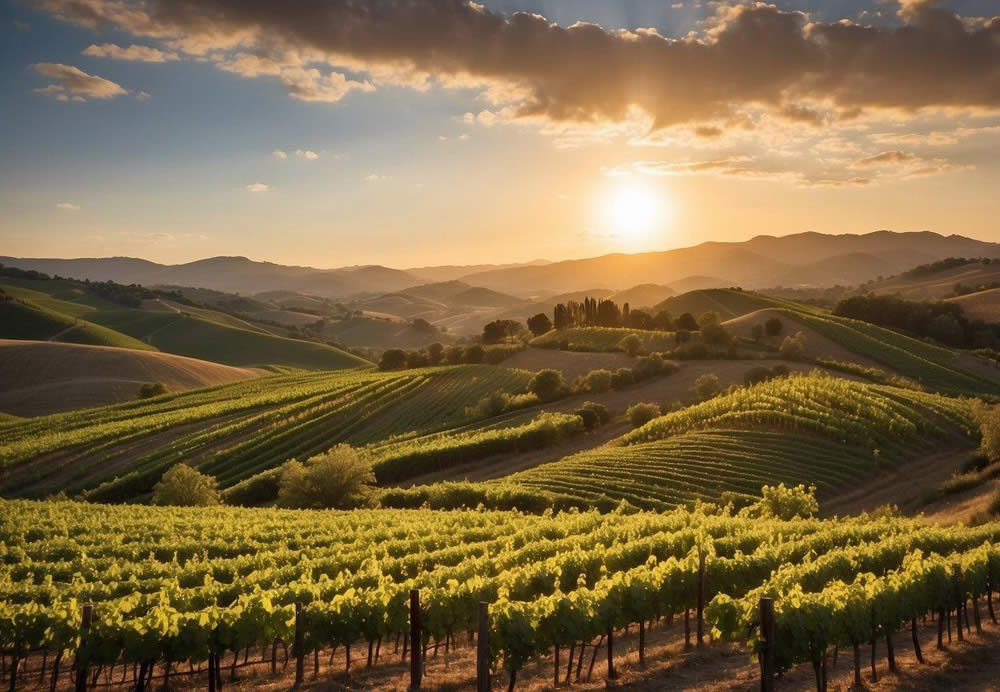 Rolling hills of vineyards under a golden sunset, with lush green vines and quaint wineries dotting the landscape. A peaceful, serene atmosphere perfect for wine country tours